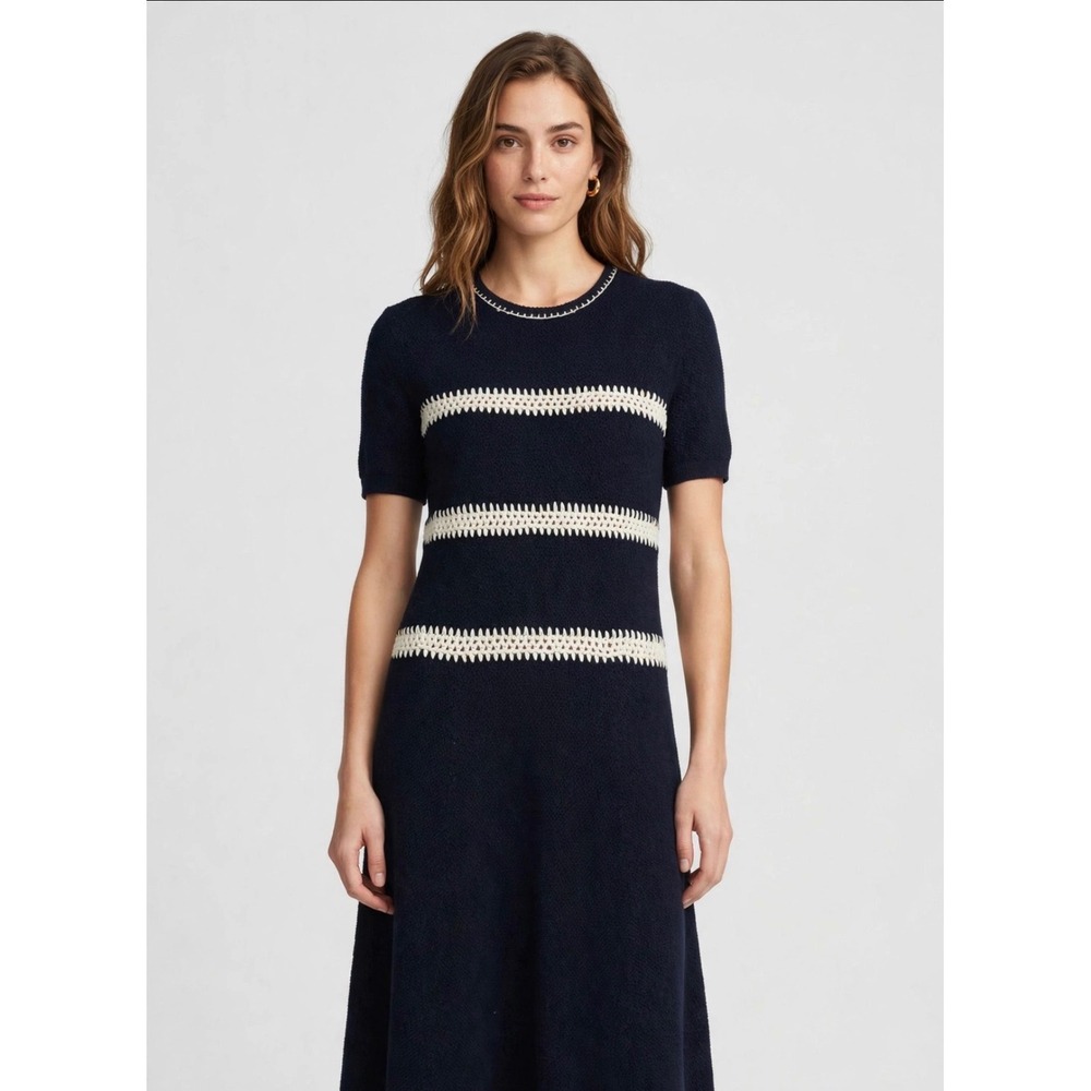 Tory Burch Womens Donnella Dress Az Med Navy Ivory Merino Wool NWT Minimalist